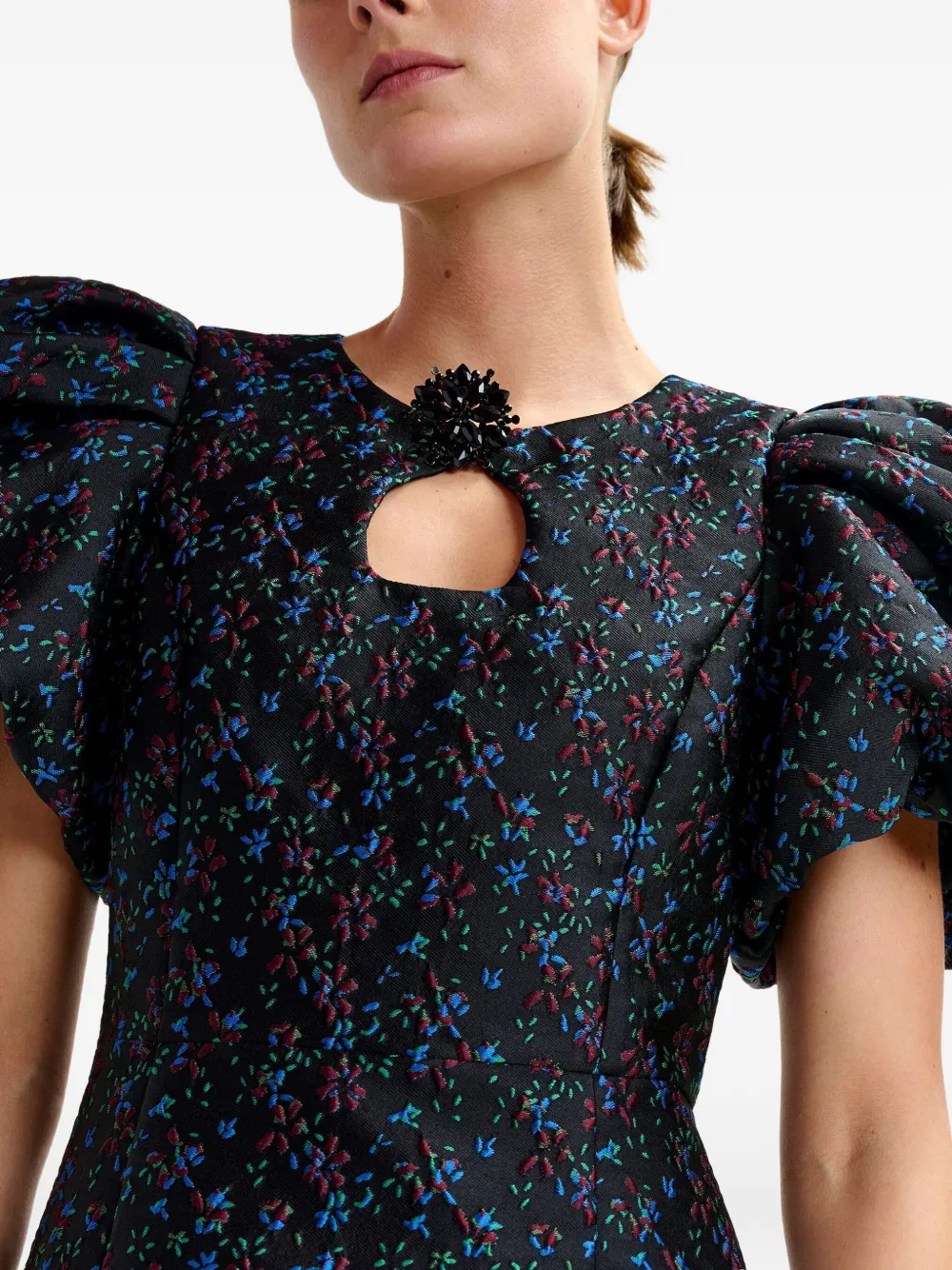 Essentiel Antwerp Puff-sleeve Floral-print Mini Dress In Black