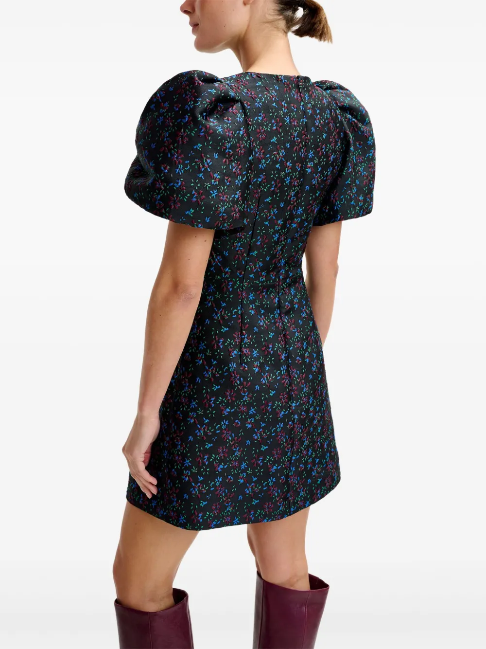 Essentiel Antwerp Puff-sleeve Floral-print Mini Dress In Black