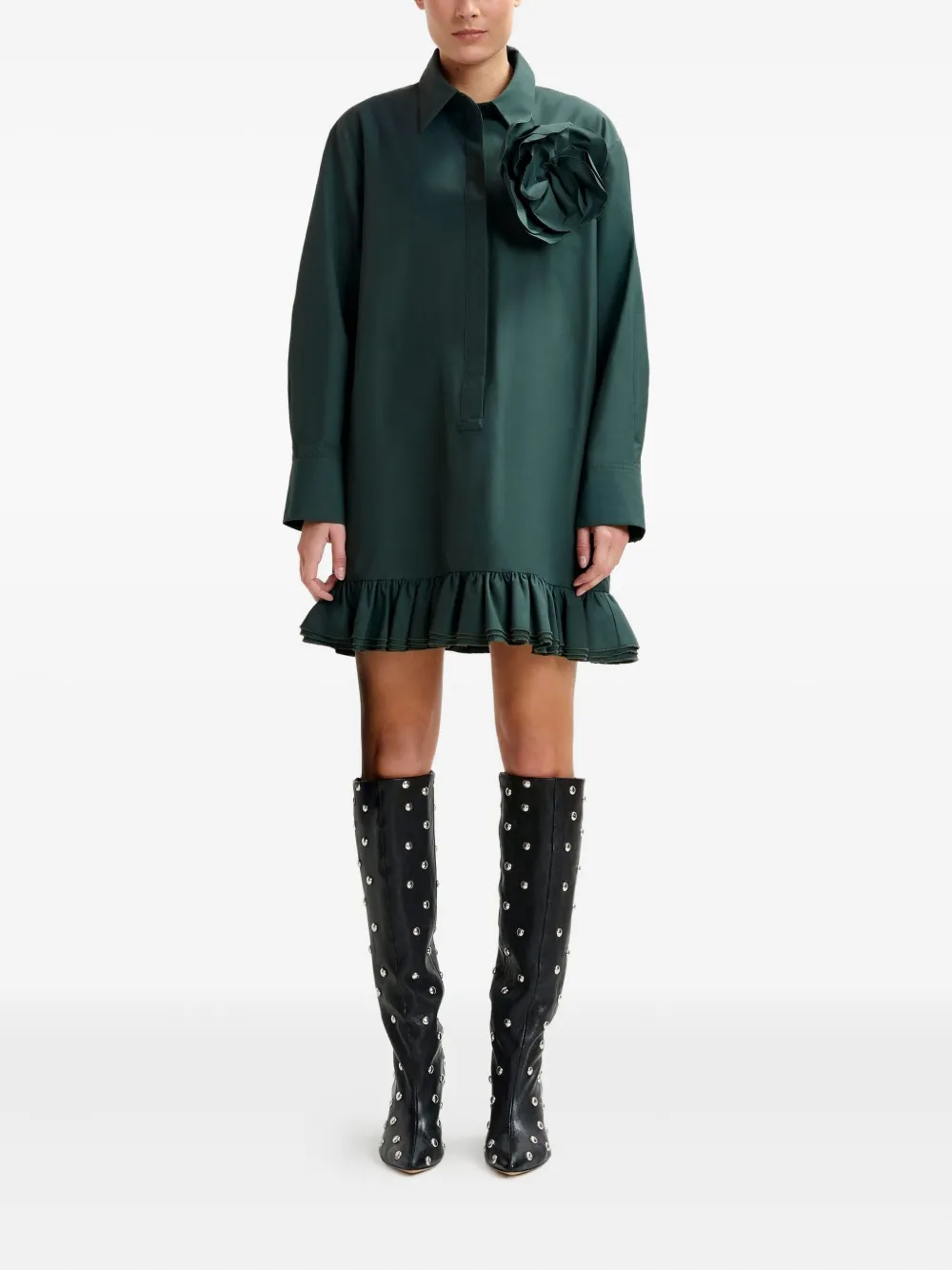 Essentiel Antwerp flower-embellished ruffled-hem mini dress - Groen