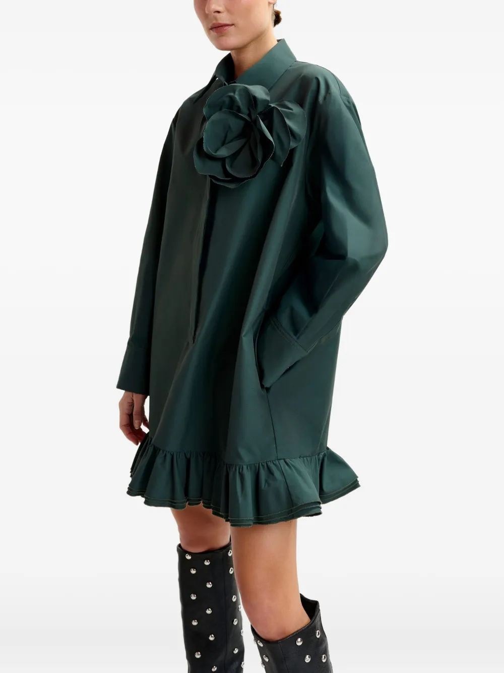 Essentiel Antwerp Flower-embellished Ruffled-hem Mini Dress In Black