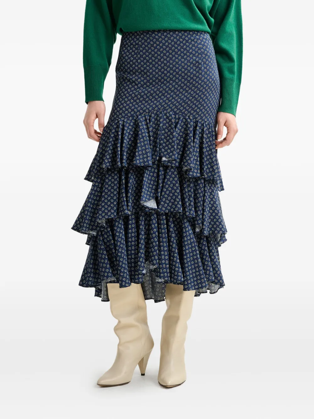 Essentiel Antwerp Paisley-print Tiered Ruffle Skirt In Blue