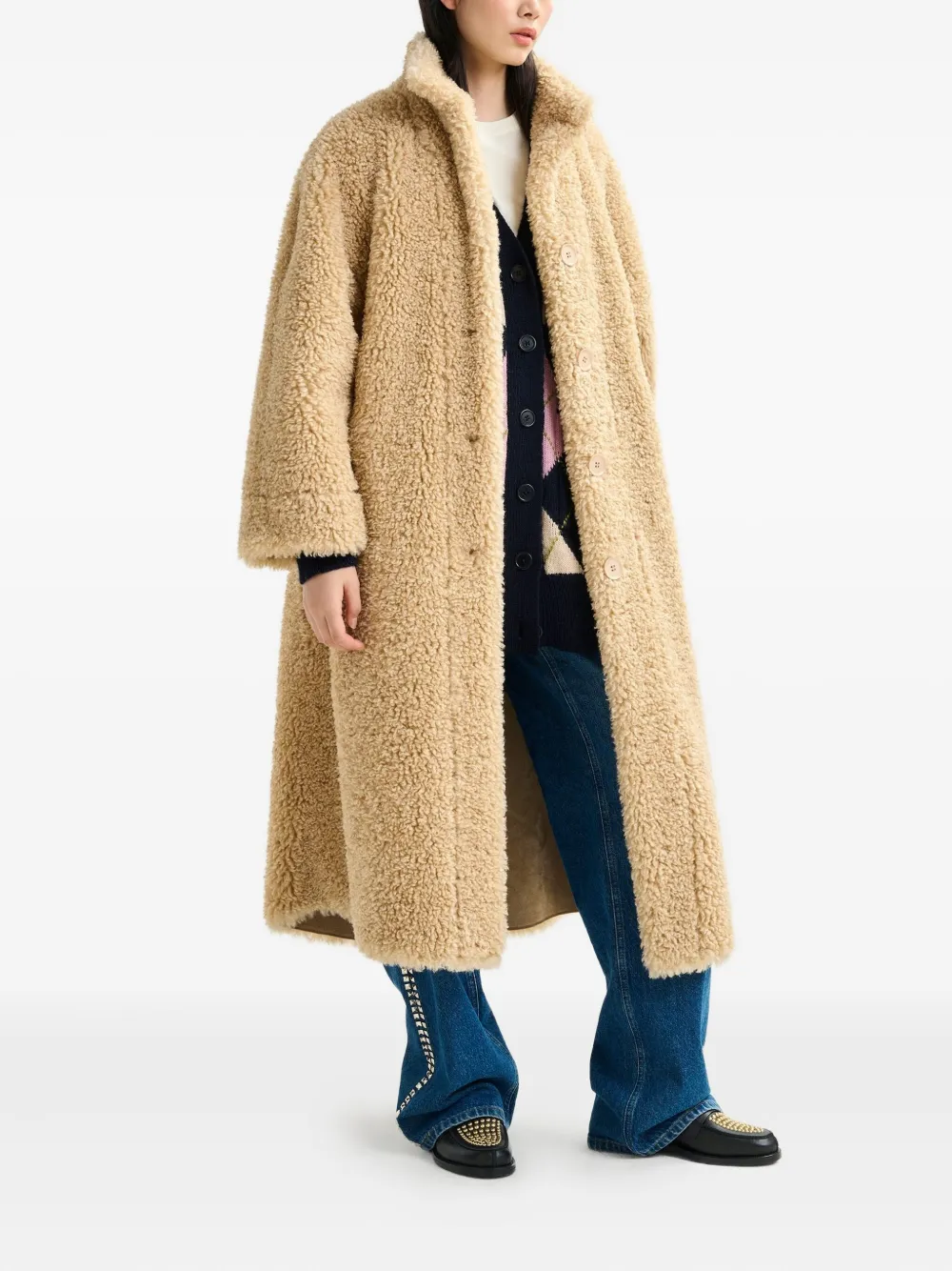 Essentiel Antwerp Ispot Stand-up Collar Faux-shearling Coat In Brown