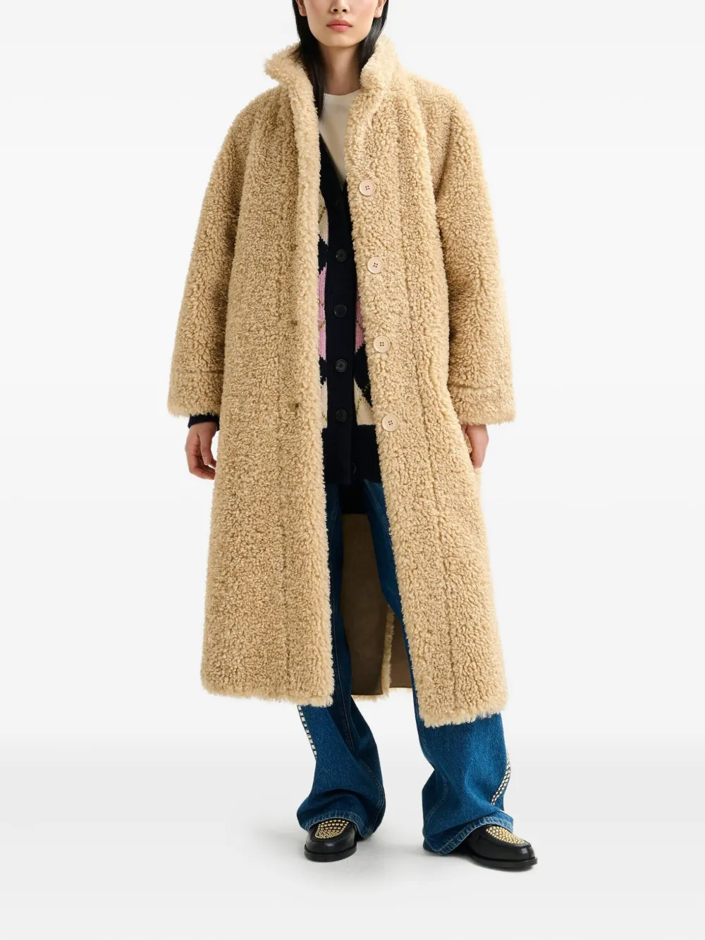 Essentiel Antwerp Ispot Stand-up Collar Faux-shearling Coat In Brown