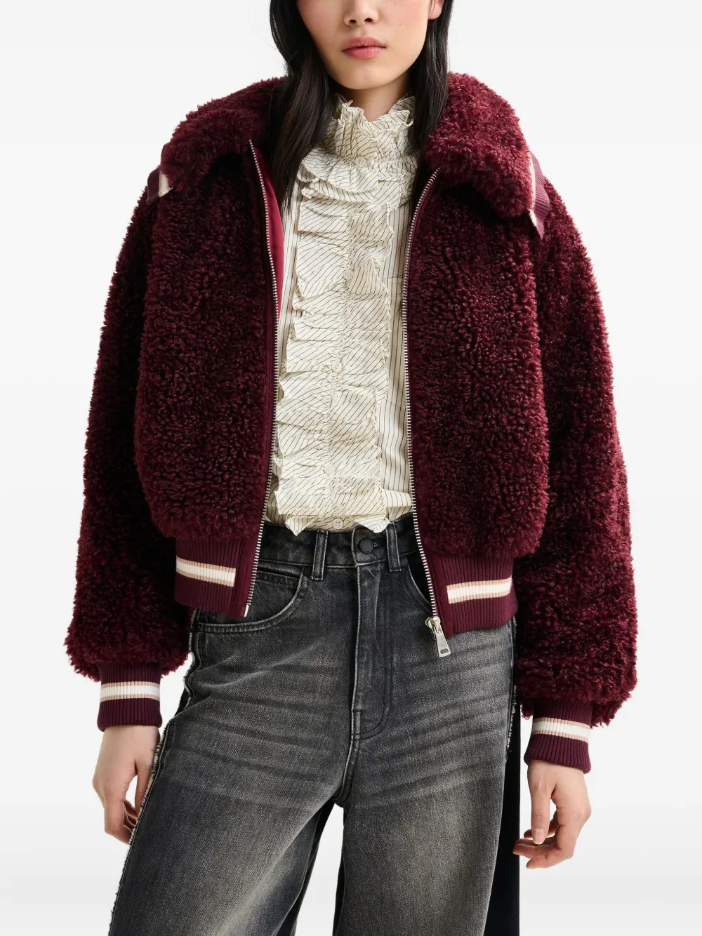 Essentiel Antwerp Faux-fur Zip-up Jacket In Burgundy