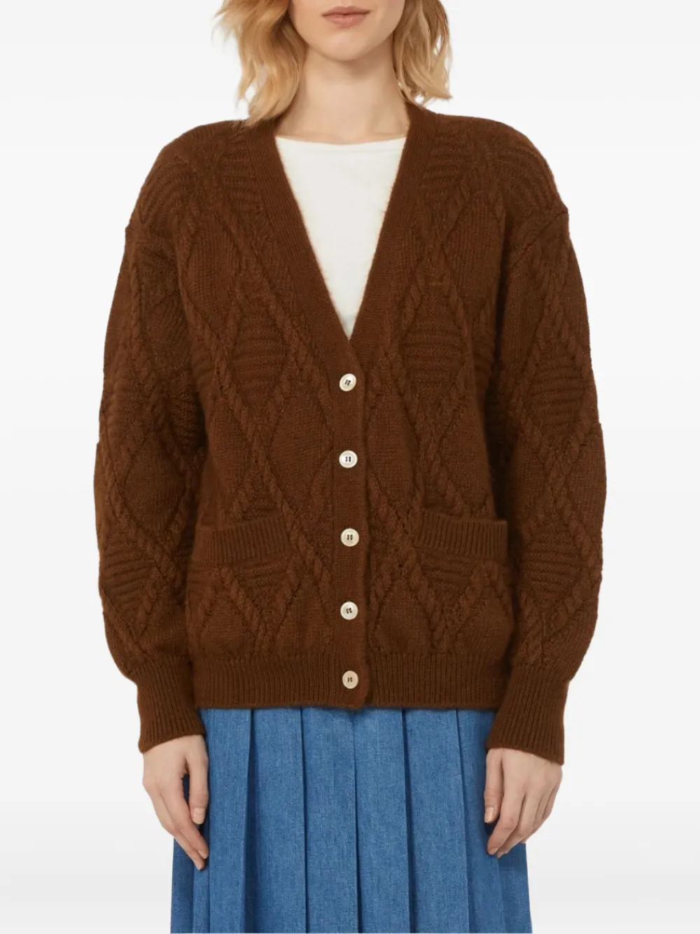 Weekend Max Mara Diamond-pattern Cable-knit Cardigan In Brown