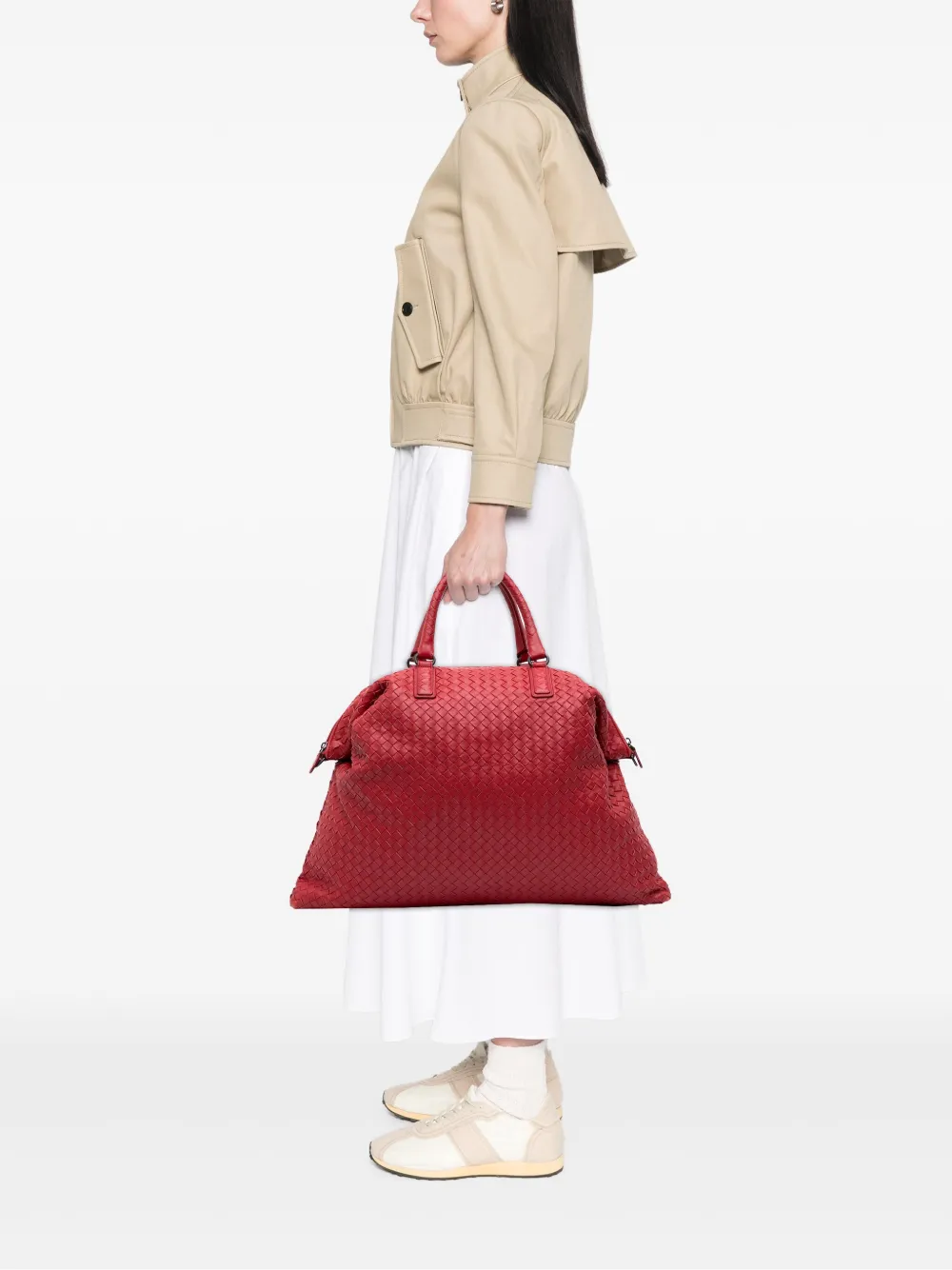 Pre-owned Bottega Veneta 2012-2025 Maxi Nappa Intrecciato Convertible Tote Travel Bag In Red