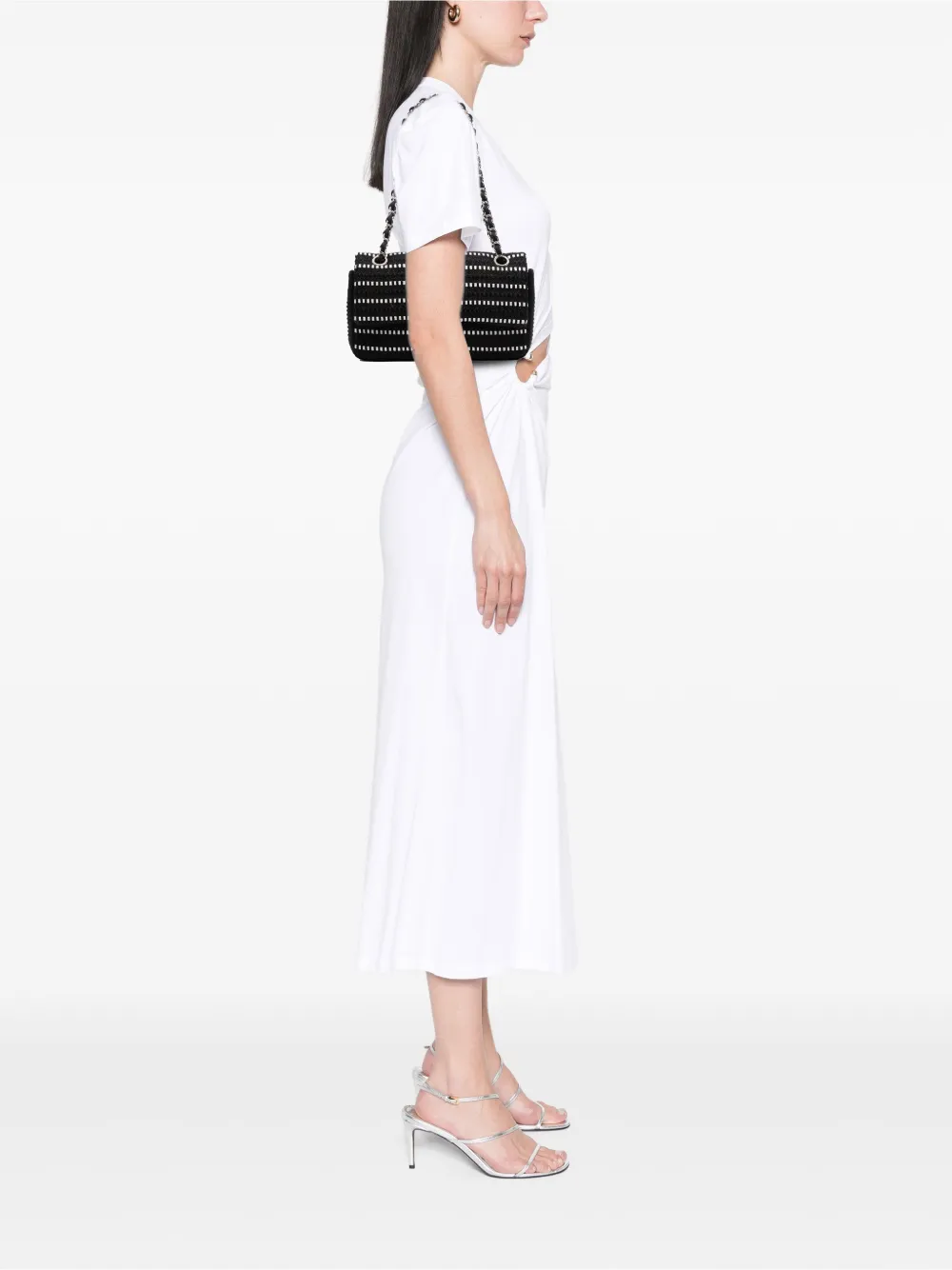Pre-owned Chanel 2014 Medium Classic Tweed Striped Ribbon Double Flap Shoulder Bag In Black