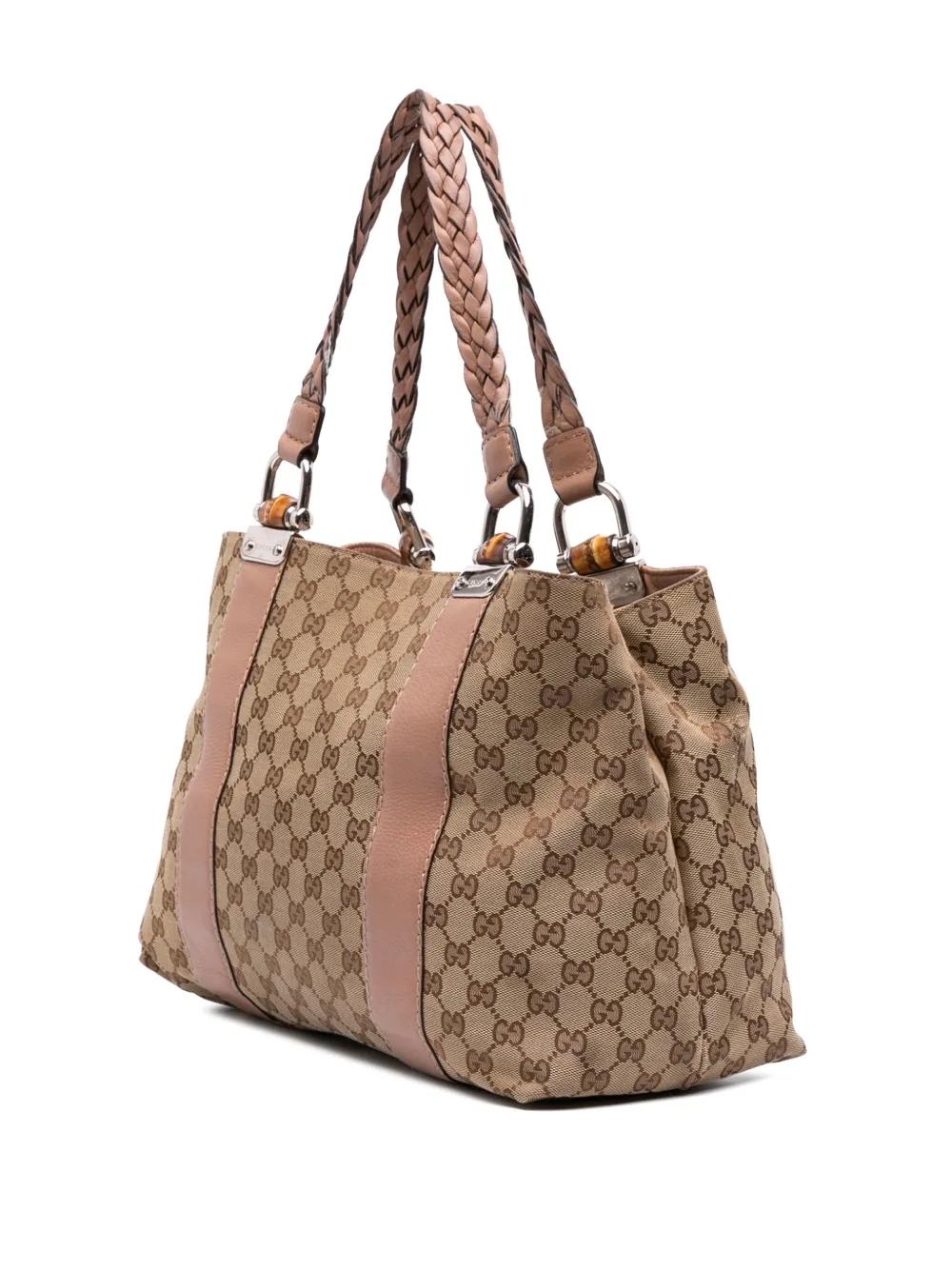 Pre-owned Gucci 2016-2025 Medium Gg Canvas Bamboo Libeccio Tote Bag In Brown