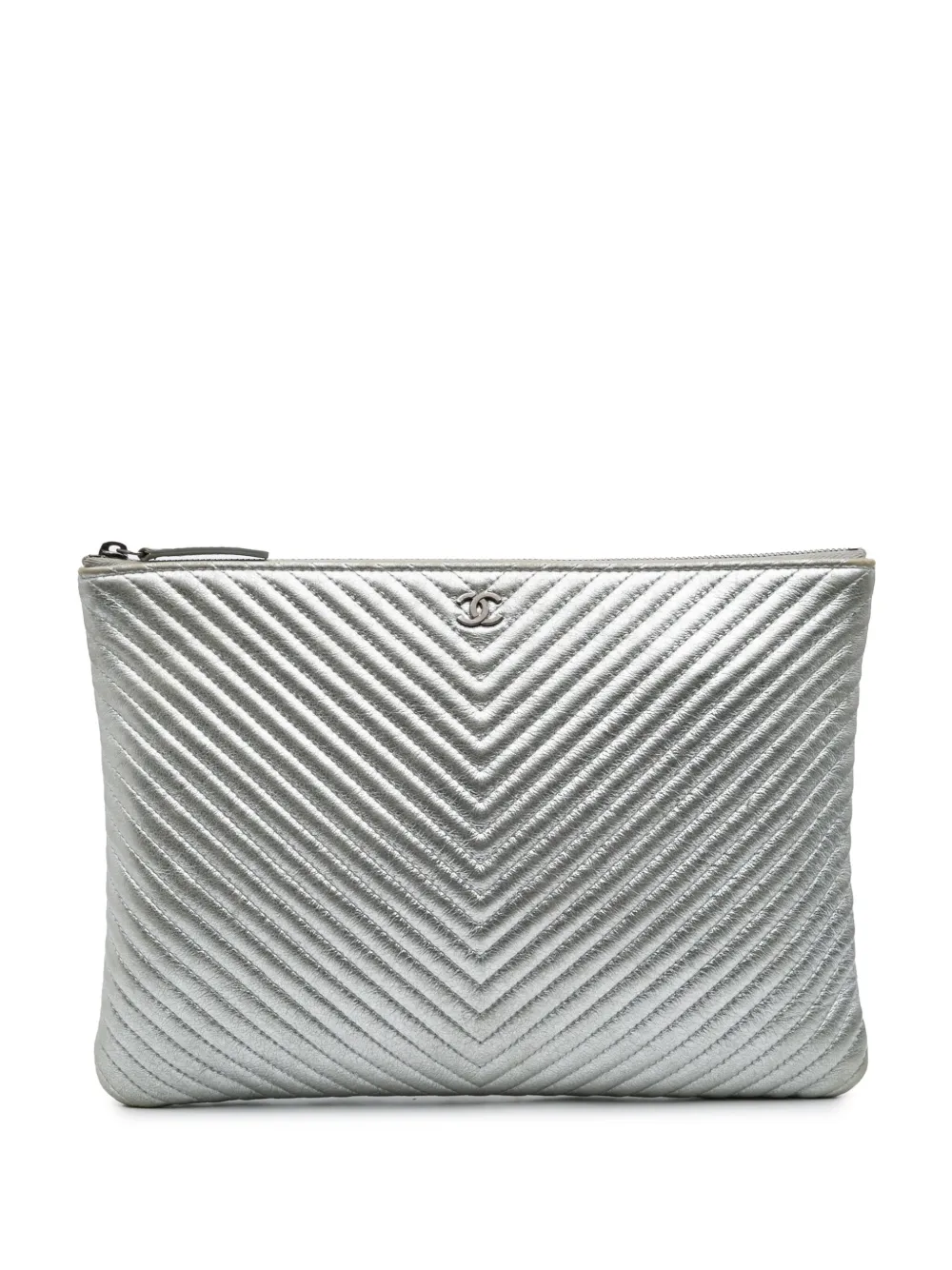 CHANEL Pre-Owned 2016-2017 ミディアム メタリックシェブロン カーフスキン O ケース クラッチバッグ - CHANEL Pre-Owned 2016-2017 ミディアム メタリックシェブロン カーフスキン O ケース クラッチバッグ -