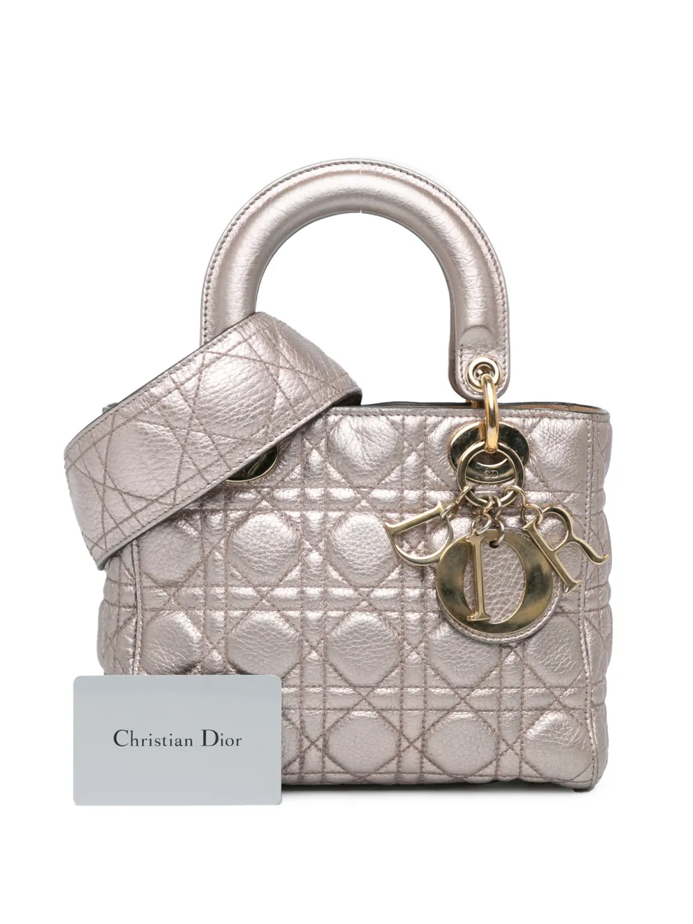 Pre-owned Dior 2017 Small Metallic Grained Calfskin Cannage Supple Lady  Satchel In Silver