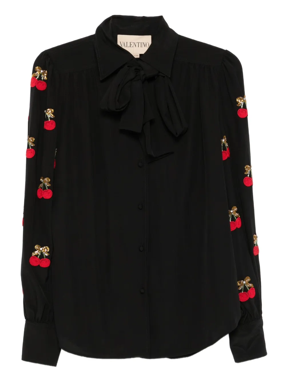 Valentino Garavani cherry-embellished bow blouse - Nero