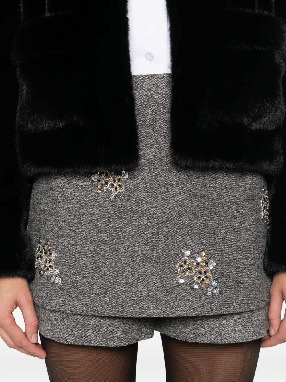 Maje Floral-embellished Layered Skorts In Gray