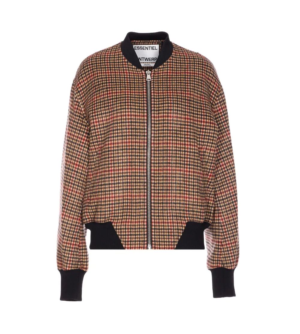 Essentiel Antwerp Multicolor Check Jacket Frontal Zip Closure In Brown