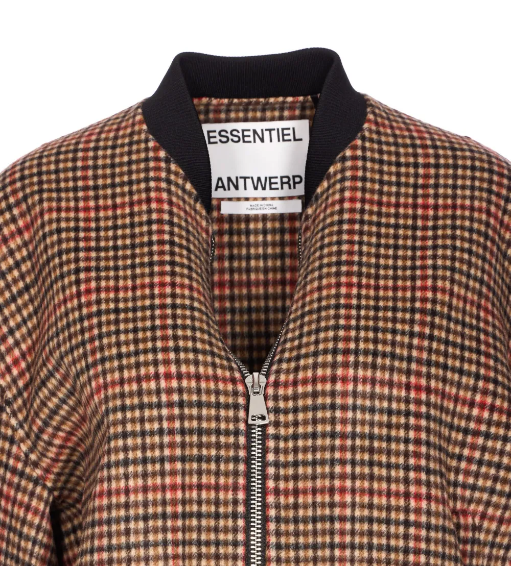 Essentiel Antwerp Multicolor Check Jacket Frontal Zip Closure In Brown