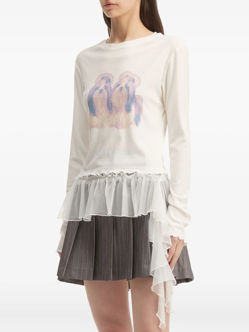 Tout A Coup Dog-print Ruffled-hem T-shirt In Neutral