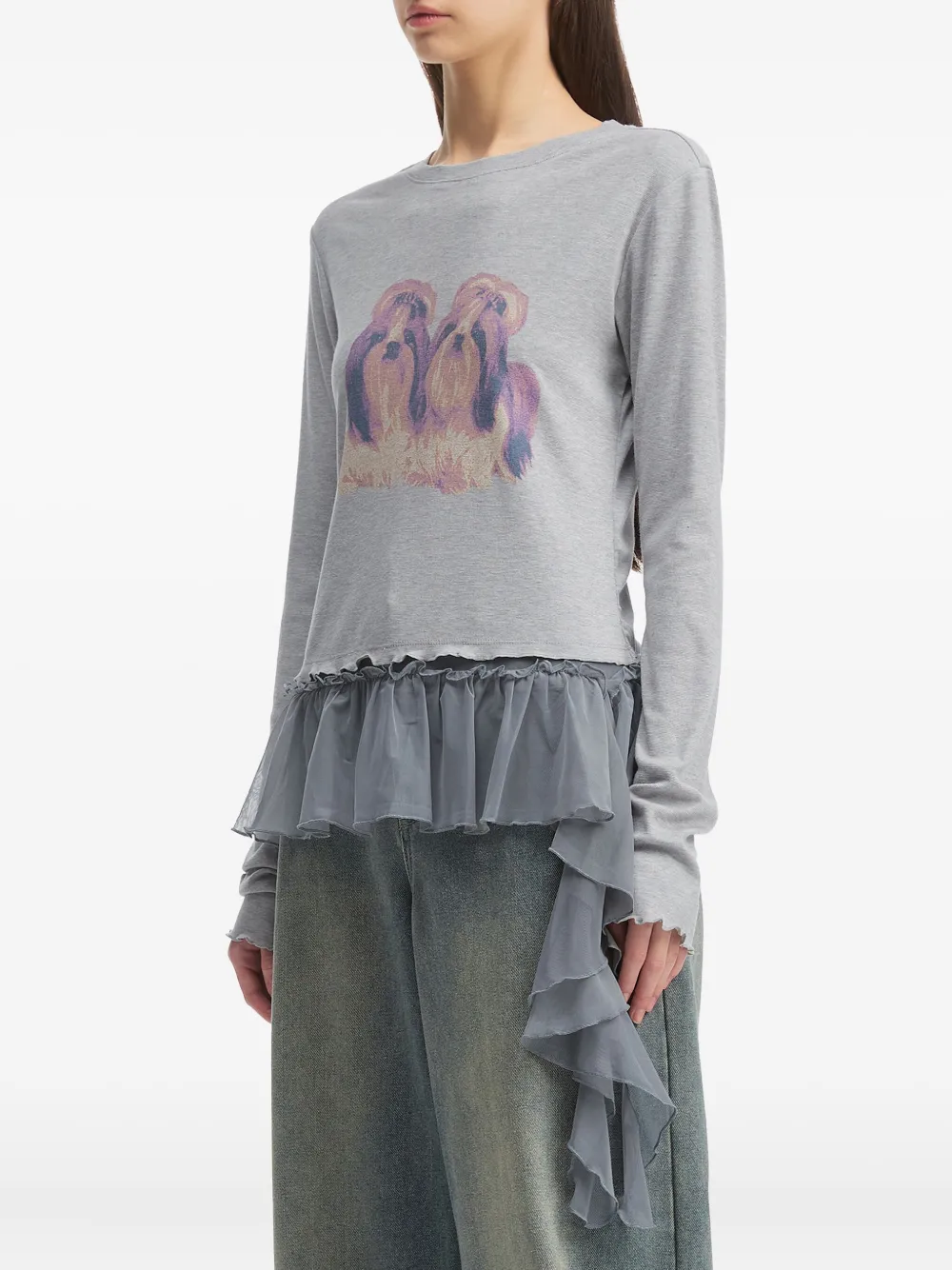 Tout A Coup Dog-print Ruffle-hem T-shirt In Gray