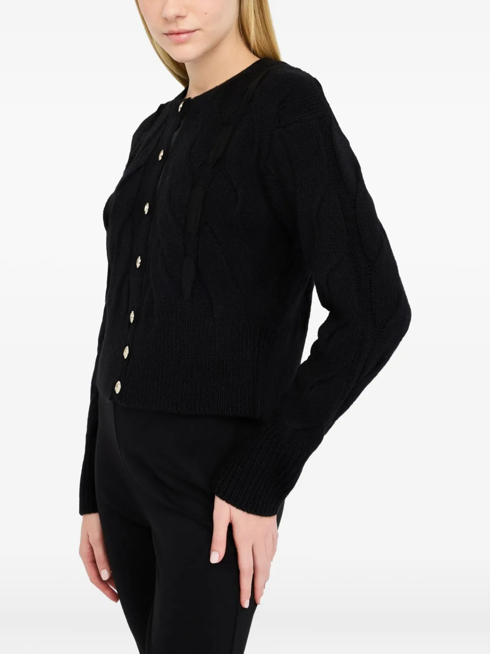 Liu •jo Cable Knit Wool Cardigan In Black
