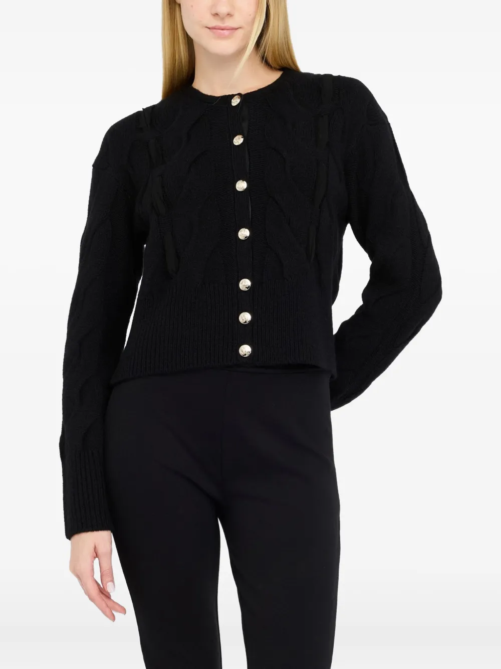 Liu •jo Cable Knit Wool Cardigan In Black