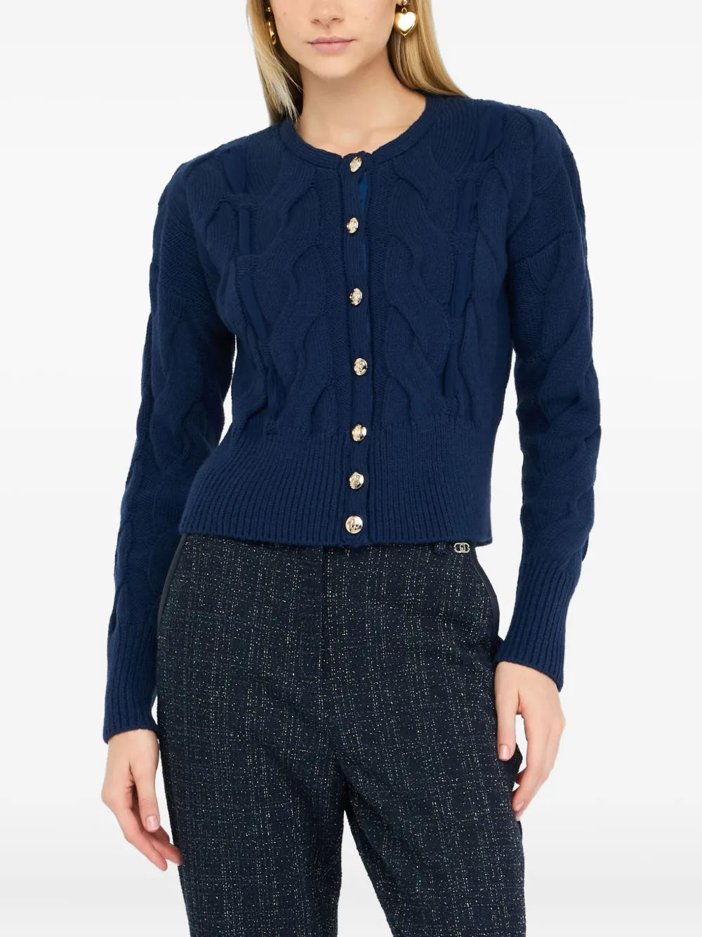 Liu •jo Cable Knit Wool Cardigan In Blue