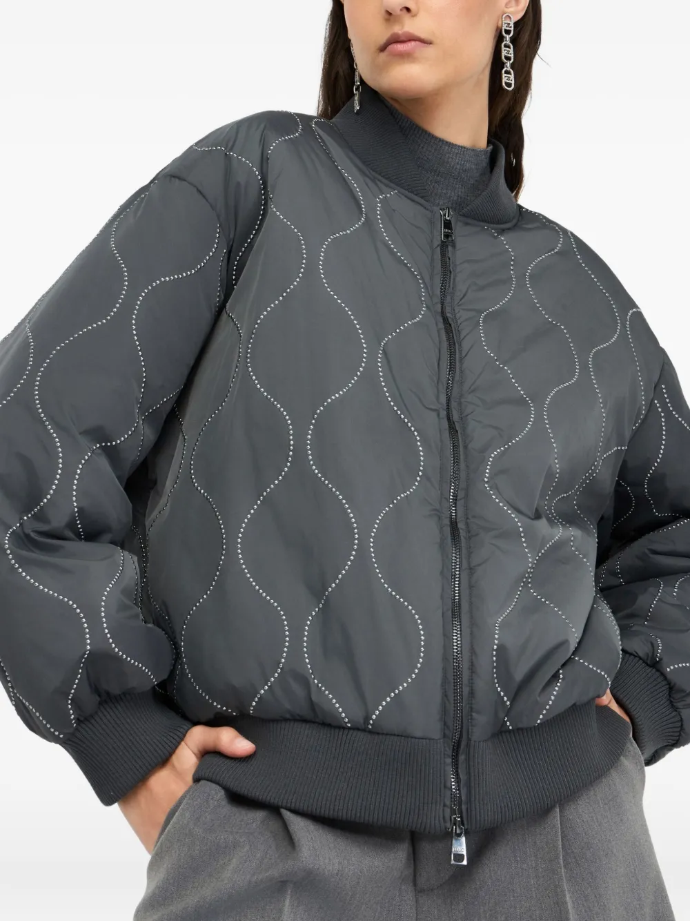 Liu •jo Nylon Bomber Jacket With Studs In Gray