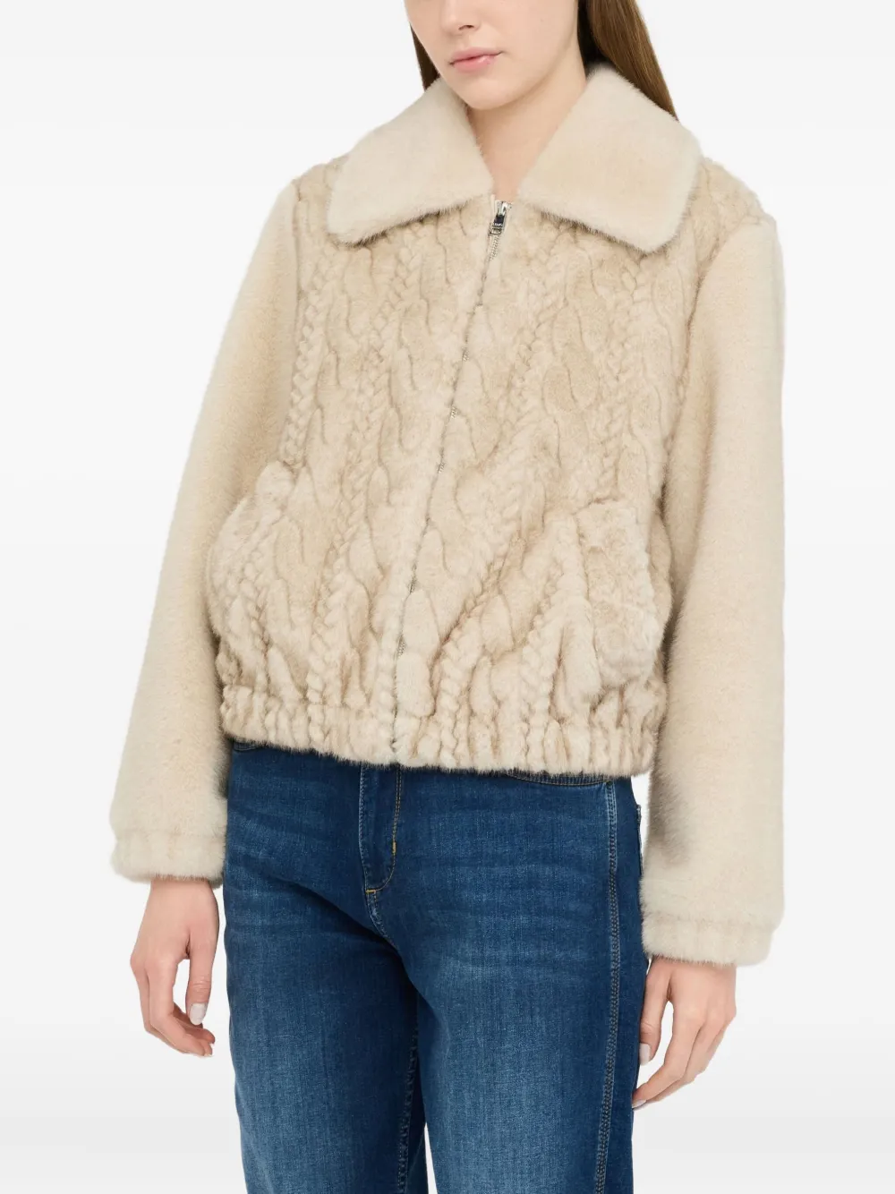 Liu •jo Teddy Bomber Jacket With Cable Knit Detailing In Neutral