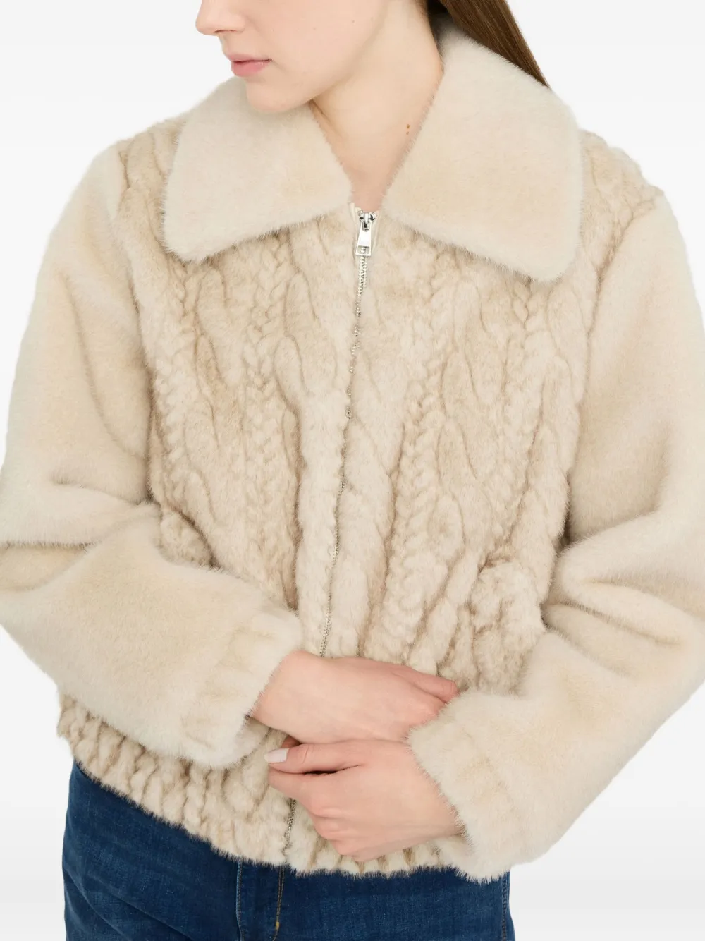 Liu •jo Teddy Bomber Jacket With Cable Knit Detailing In Neutral