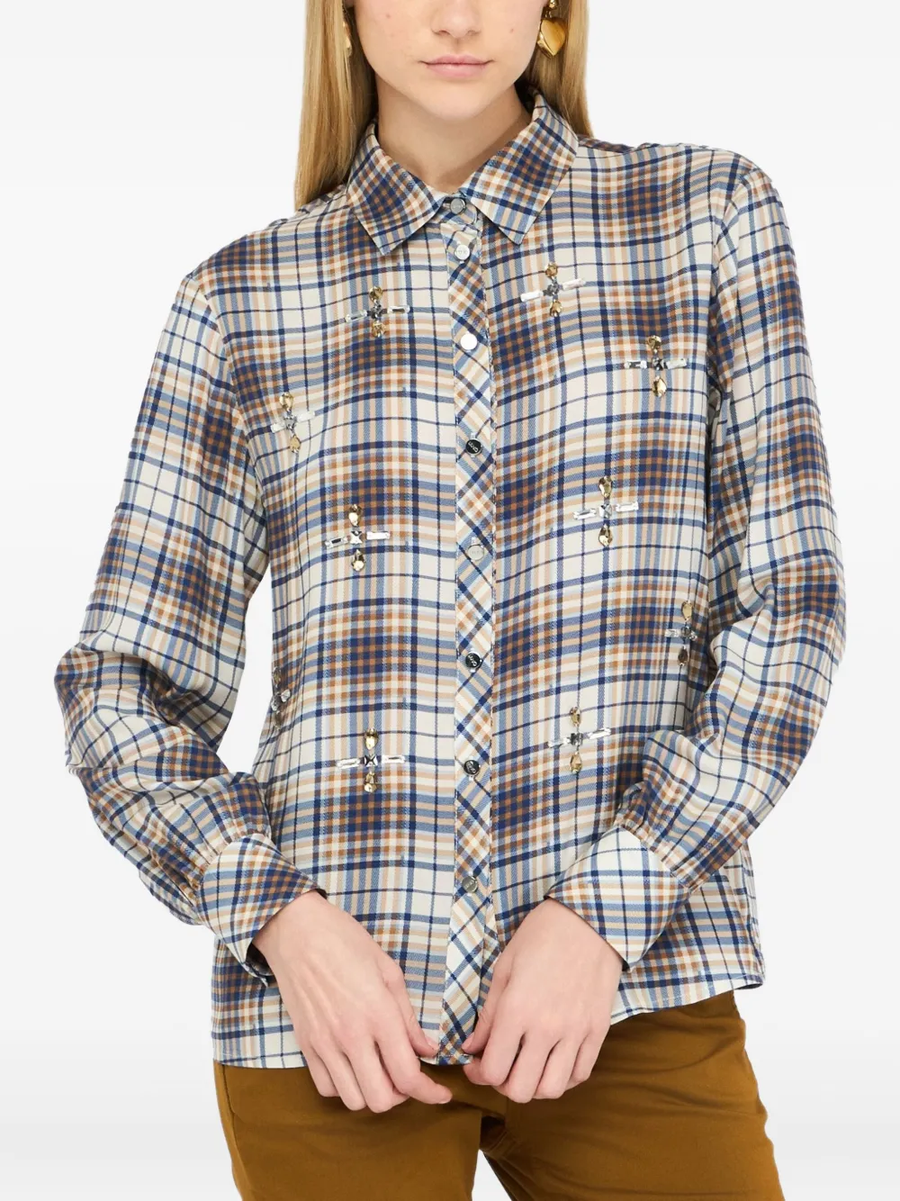 Liu •jo Chequered Shirt With Rhinestones In Blue