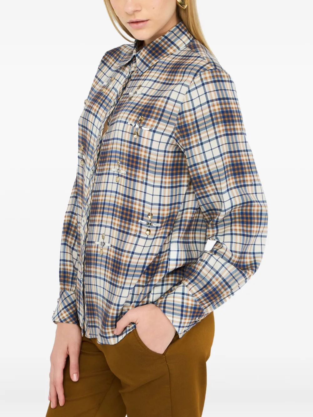 Liu •jo Chequered Shirt With Rhinestones In Blue