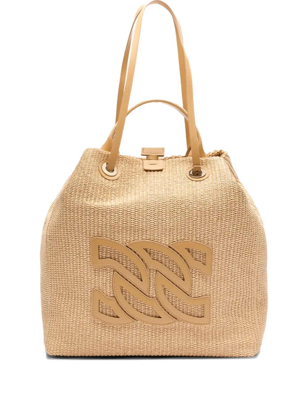 Casadei leather-plaque raffia tote bag - ニュートラル Casadei leather-plaque raffia tote bag - ニュートラル