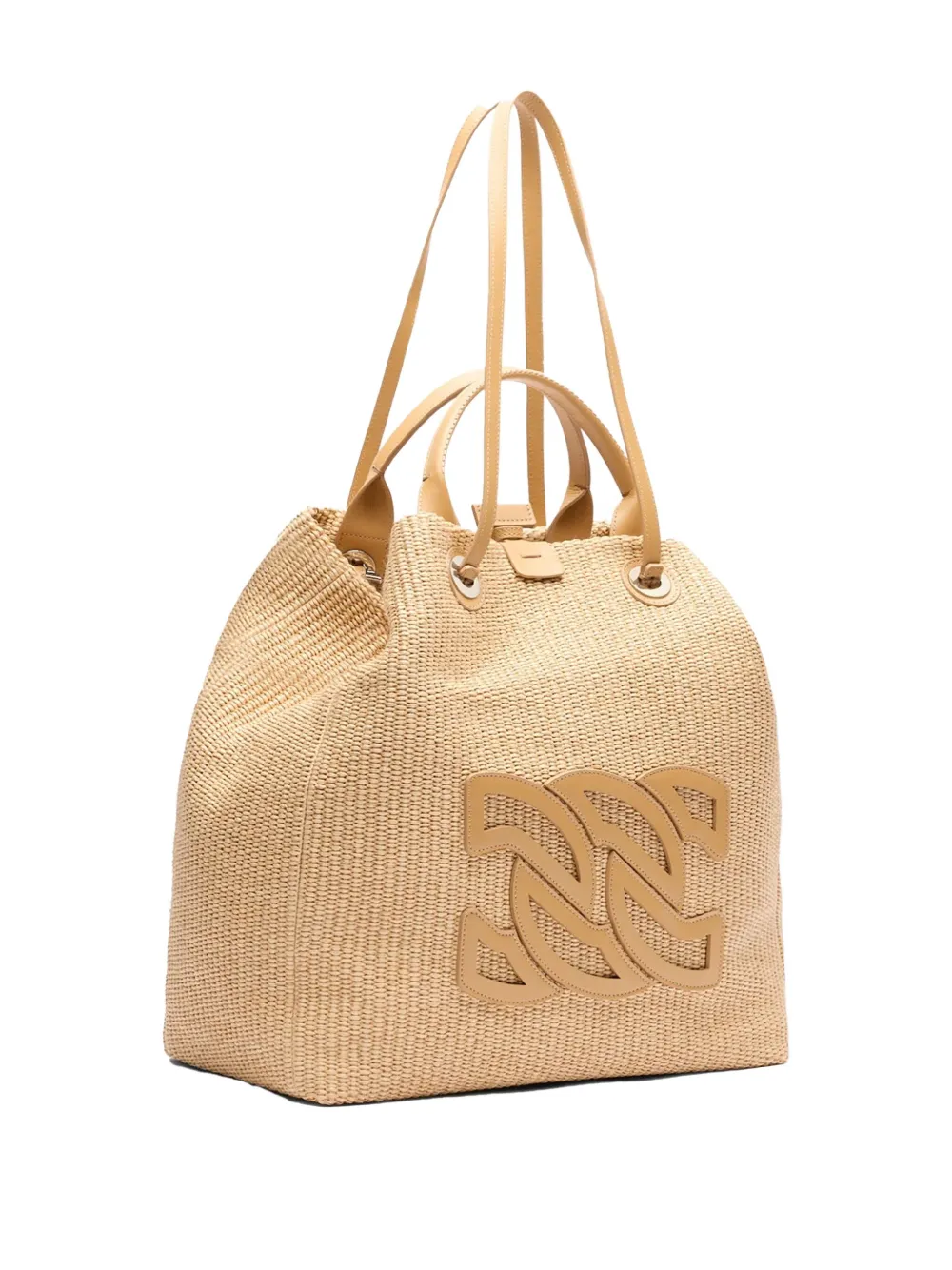 Casadei Leather-plaque Raffia Tote Bag In Neutral