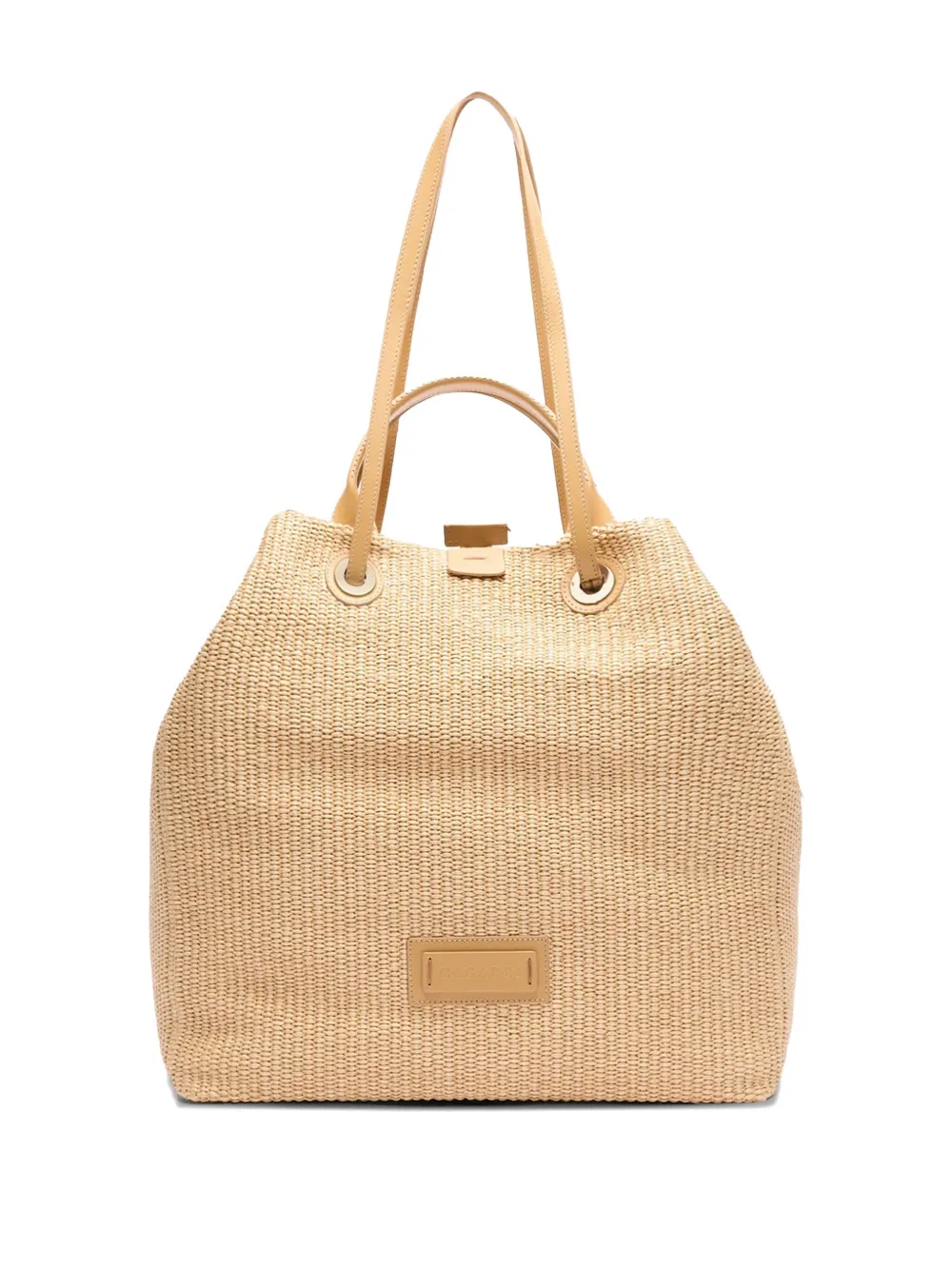 Casadei leather-plaque raffia tote bag - Beige