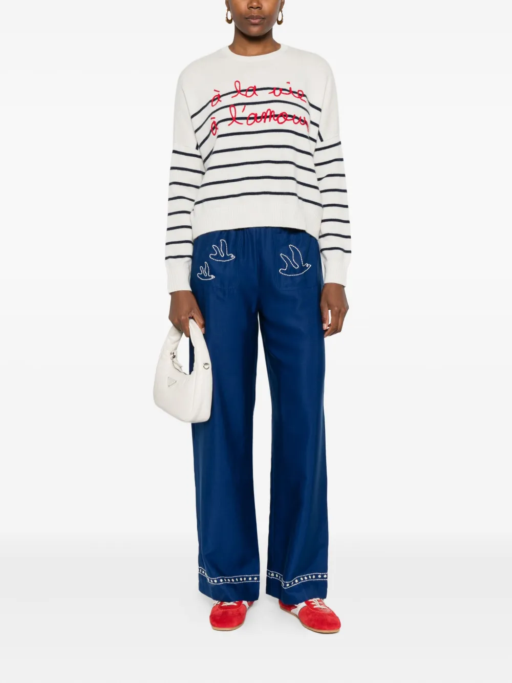 Maison Labiche Buzelin Striped Embroidered-lettering Sweater In White