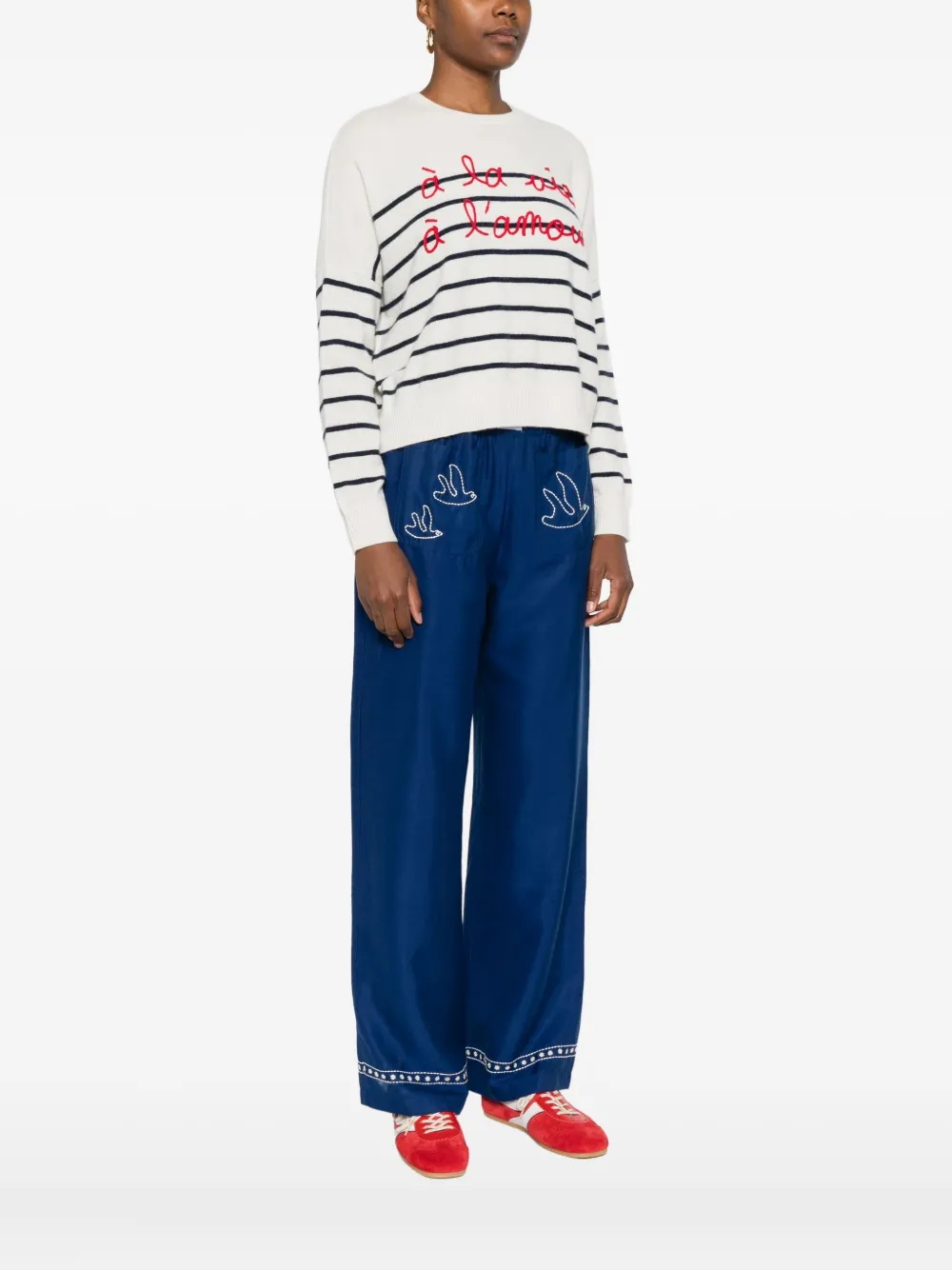 Maison Labiche Buzelin Striped Embroidered-lettering Sweater In White