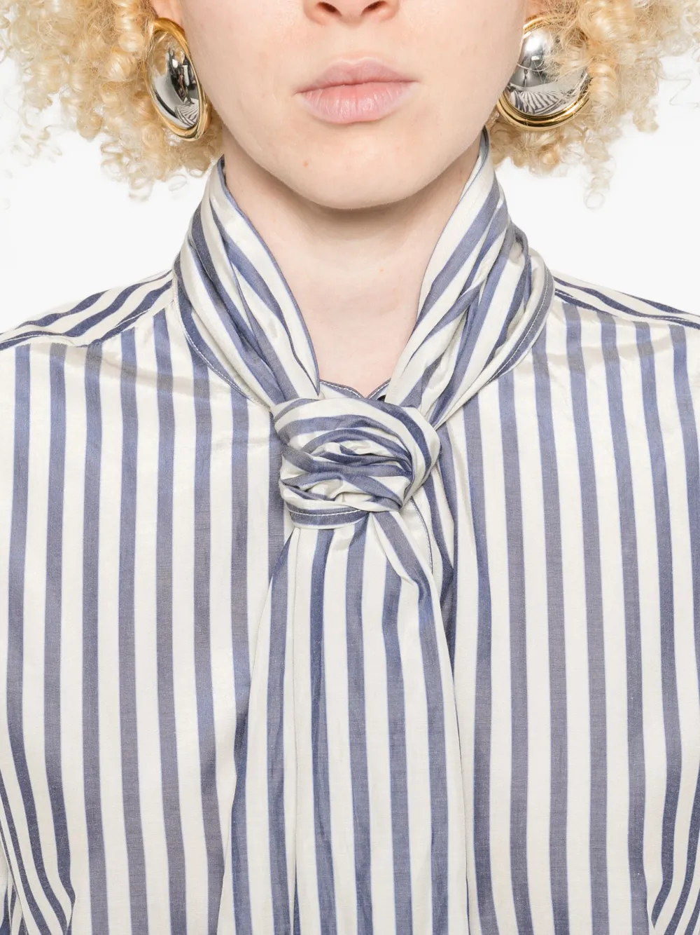 Forte Forte Vertical Striped Blouse With Distinctive Bow Tie In Blue
