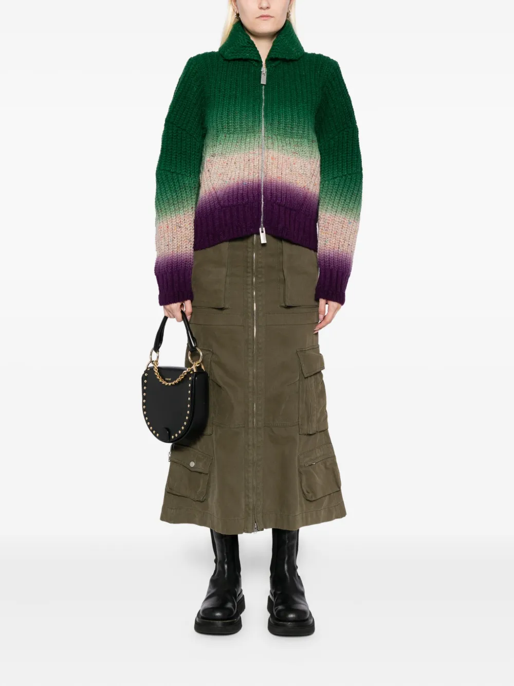 Sacai Multicolor Knitted Wool Bomber Cardigan In Green