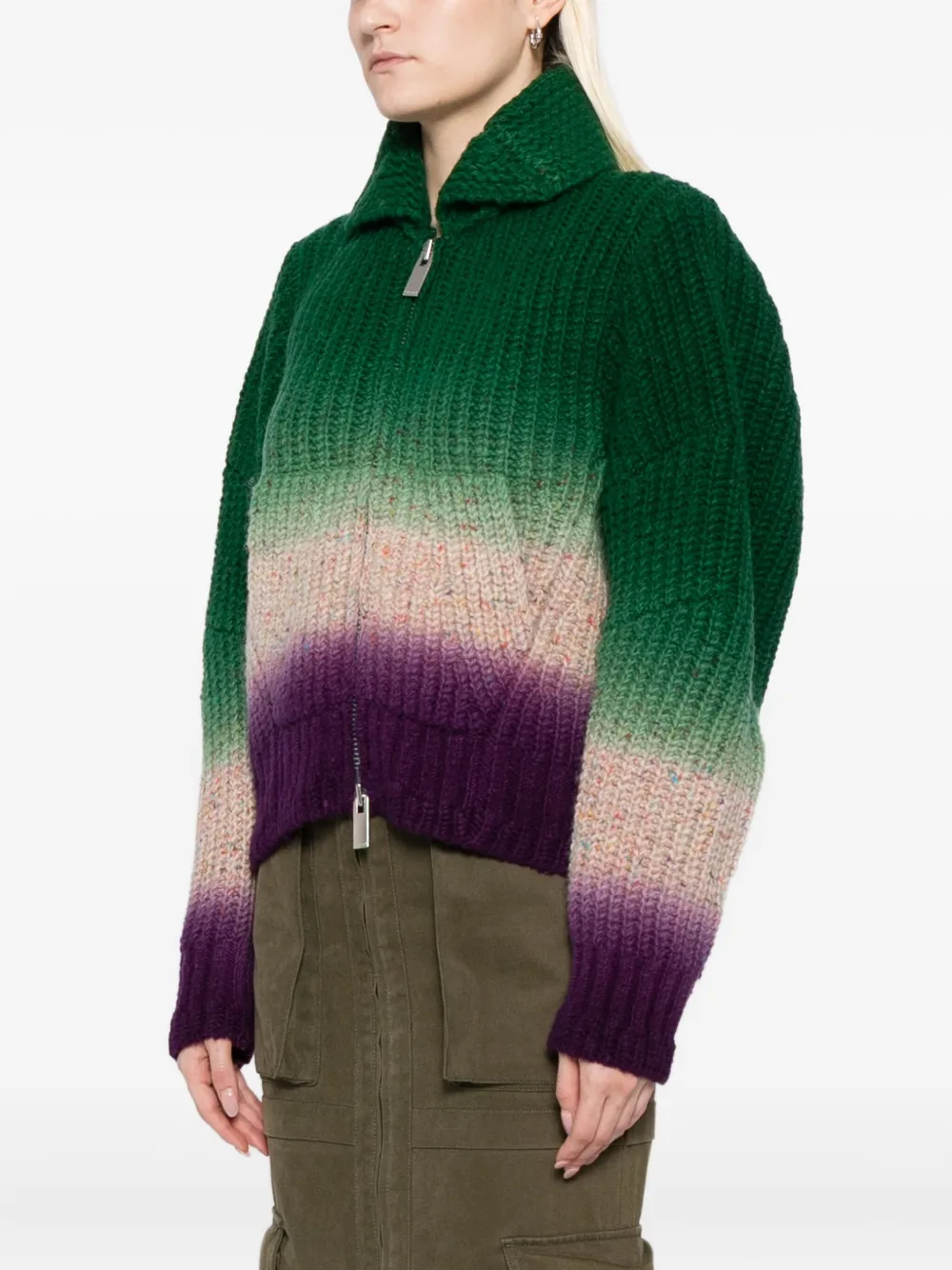 Sacai Multicolor Knitted Wool Bomber Cardigan In Green