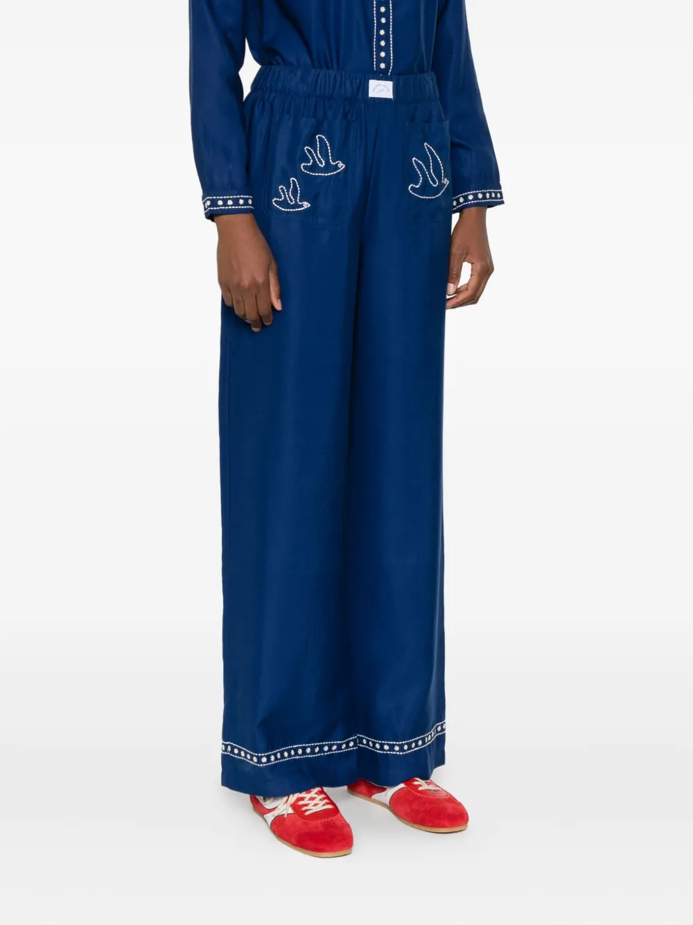 Maison Labiche Bird-embroidered Trousers In Blue