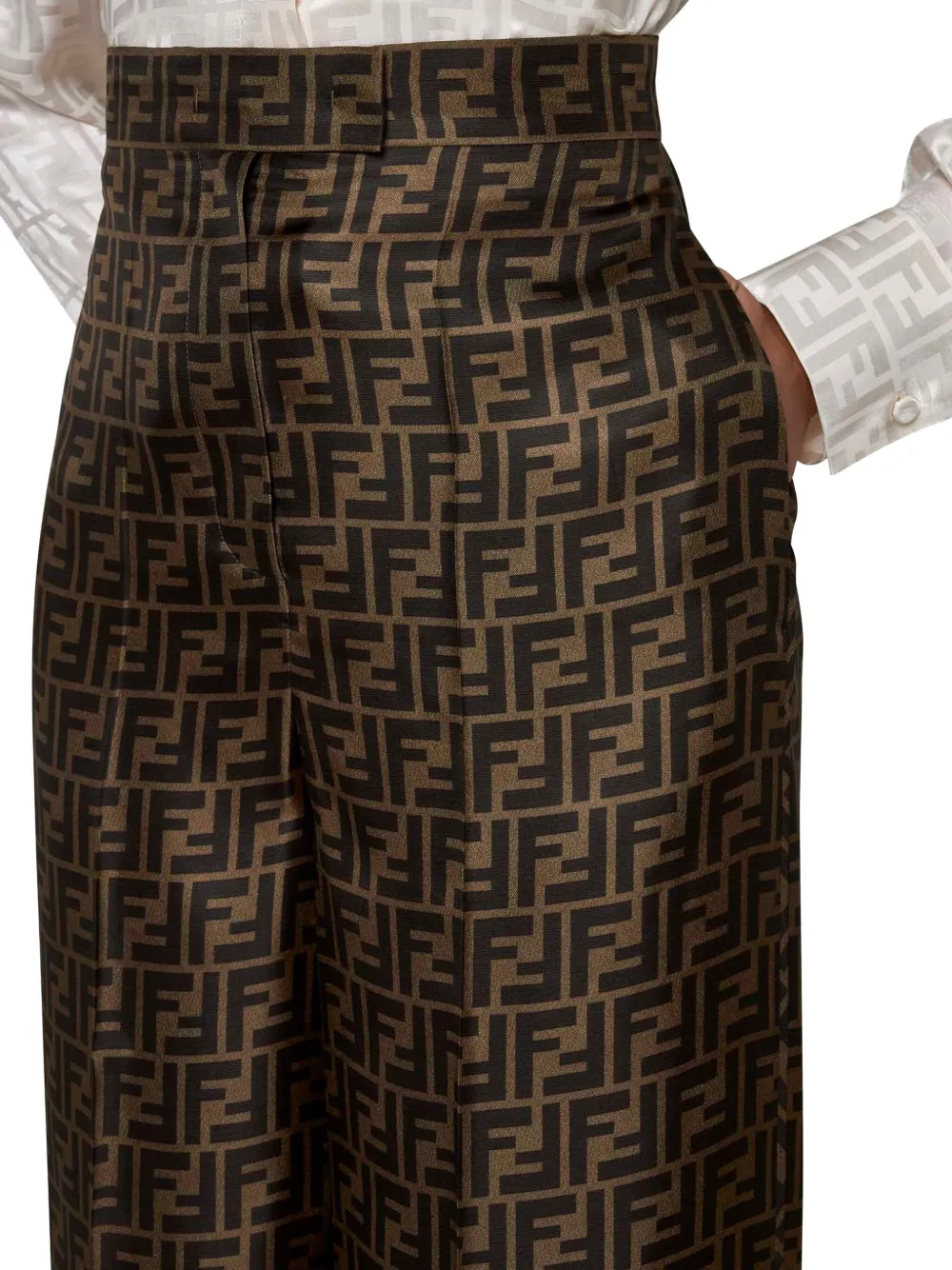 Fendi Ff Silk Twill Wide Leg Trousers Clothing In Brown