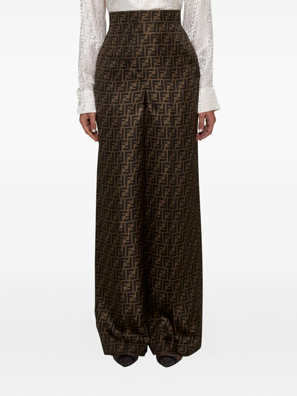 Fendi Ff Silk Twill Wide Leg Trousers Clothing In Brown