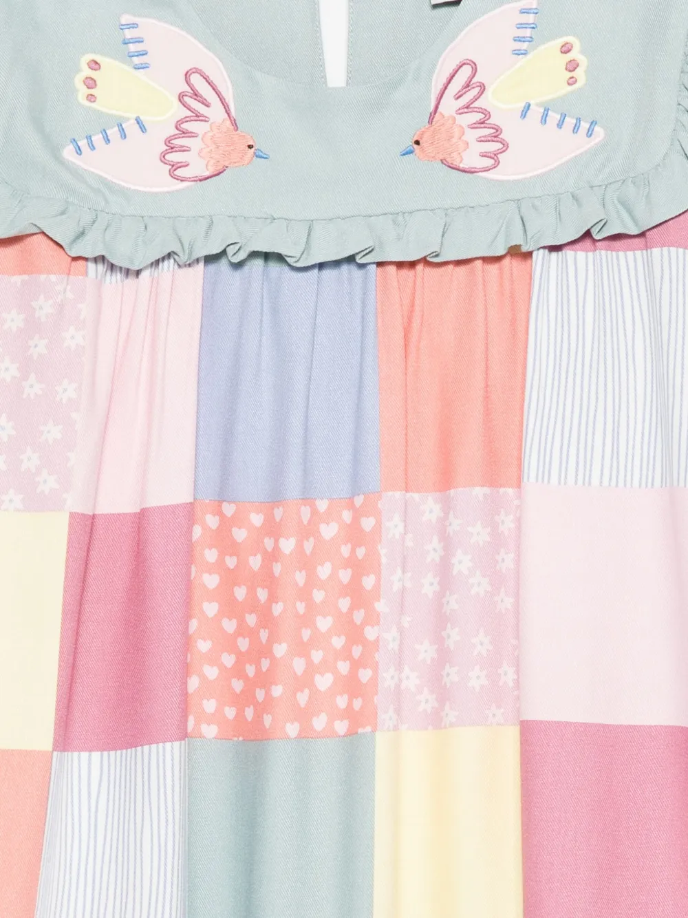 Stella McCartney Kids Jurk met geborduurde vogel en patchwork Groen