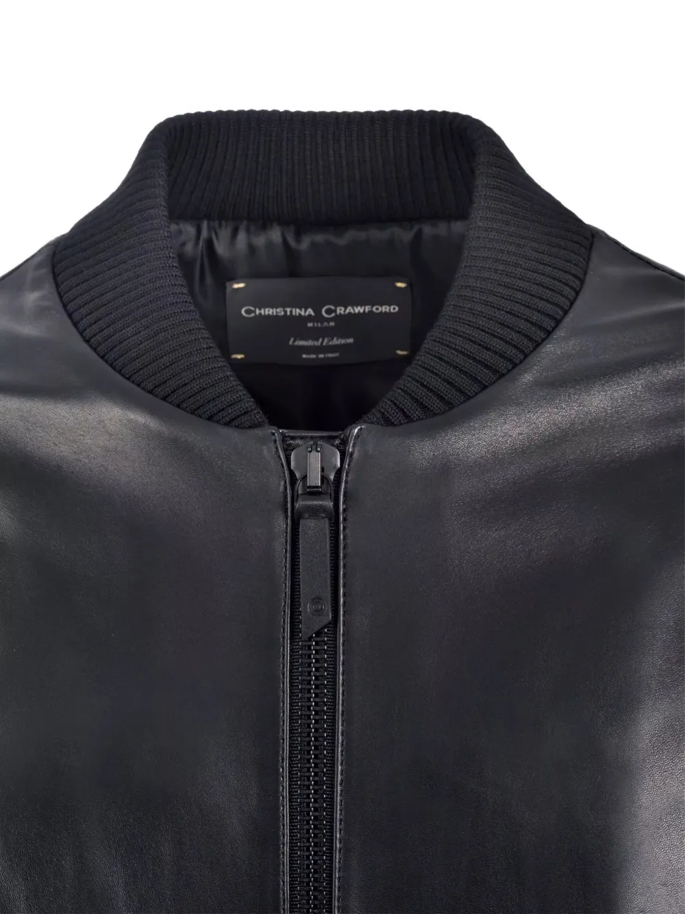 CHRISTINA CRAWFORD Leren bomberjack met geribbelde manchetten Zwart