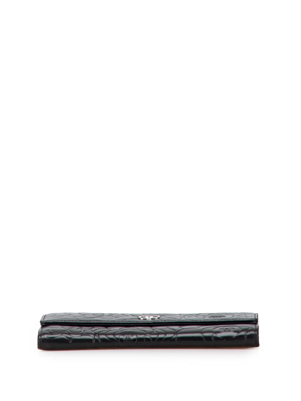 Pre-owned Chanel 2015-2016 Cc Embossed Calfskin Camellia Flap Wallet Long Wallets In Black