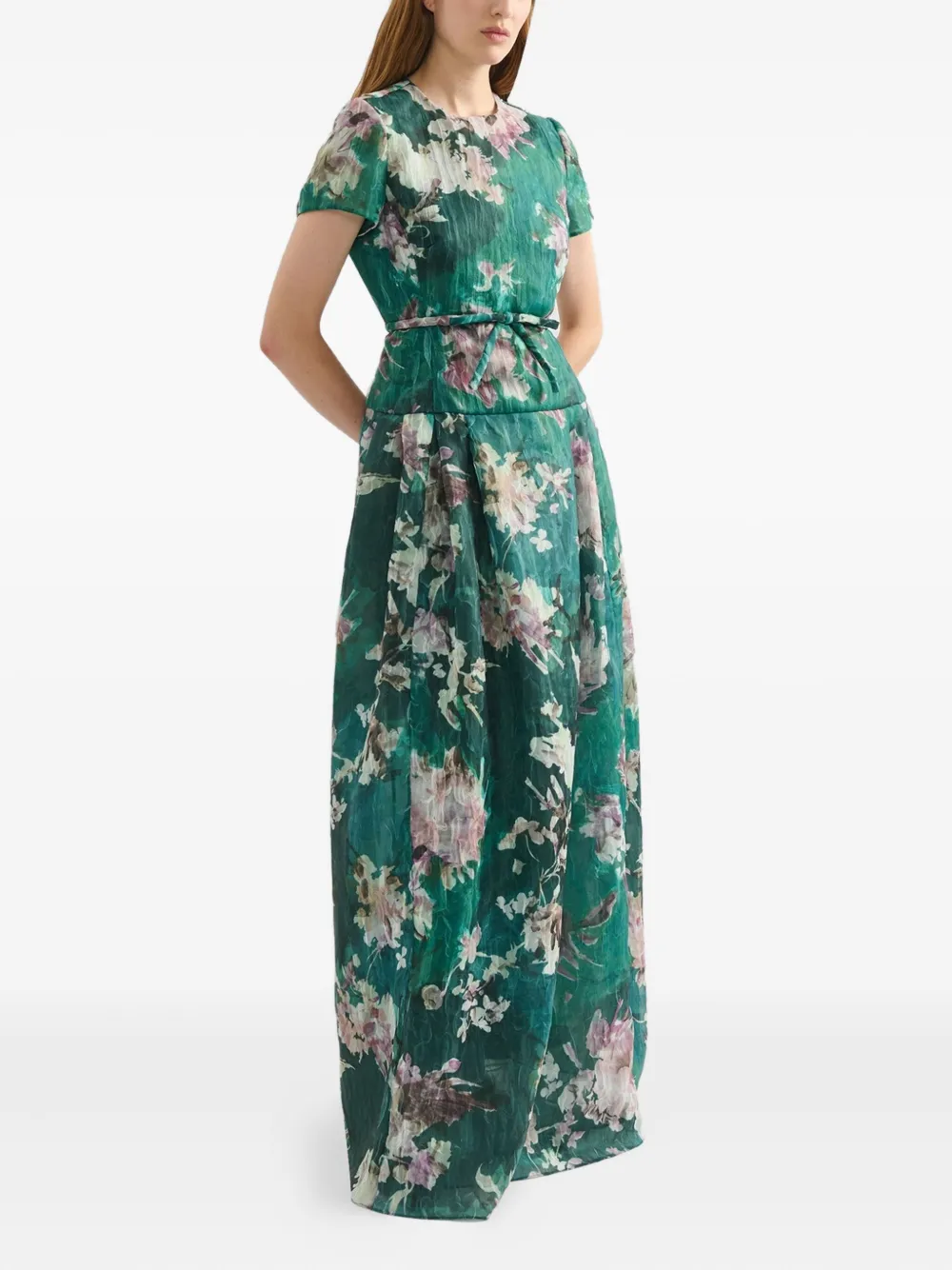ERDEM Avondjurk met bloemenprint en korte mouwen Groen