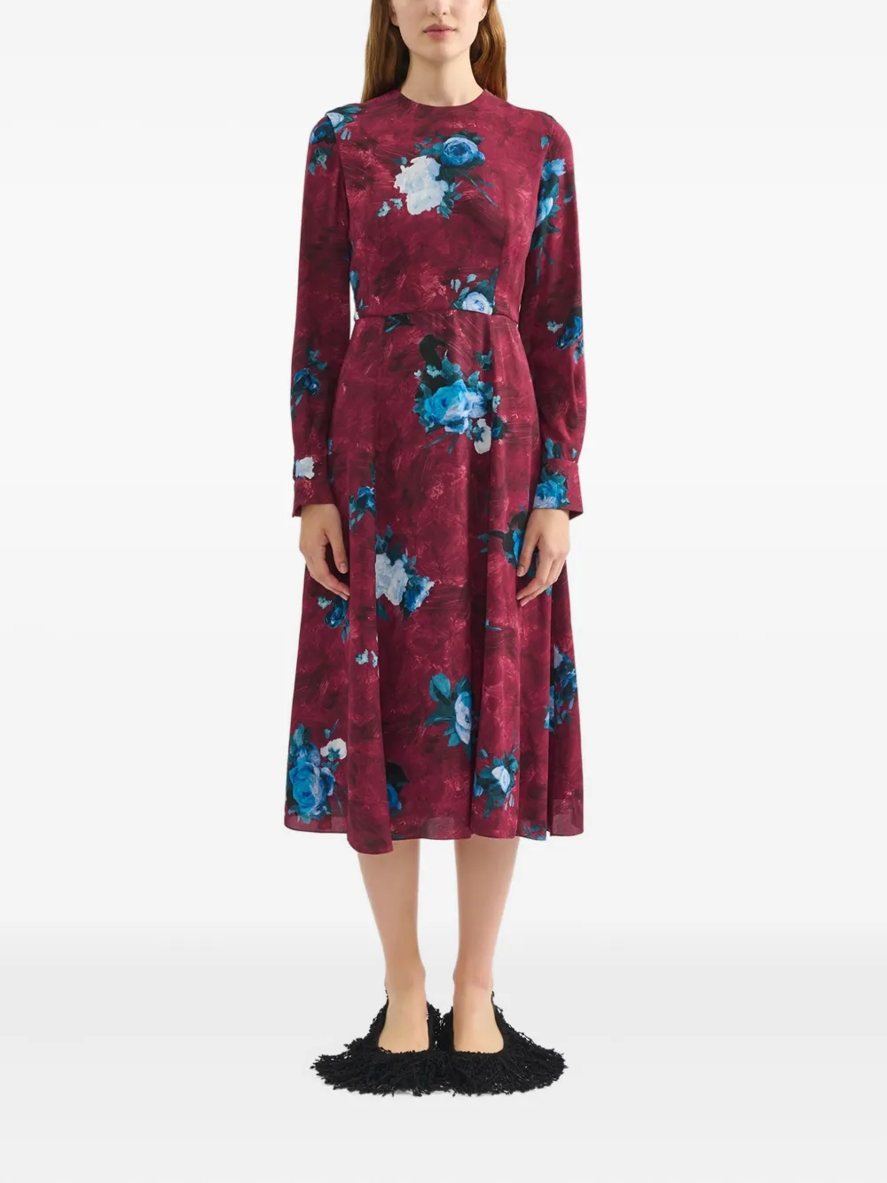 ERDEM Midi-jurk met bloemenprint em lange mouwen - Rood