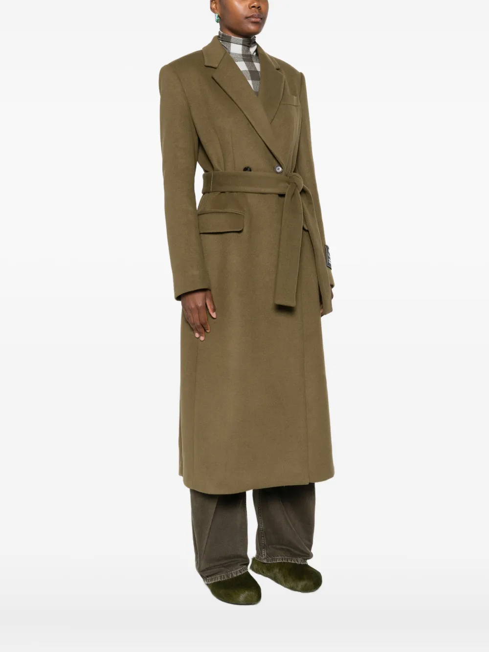 Msgm Belted Double-breasted Coat In Green