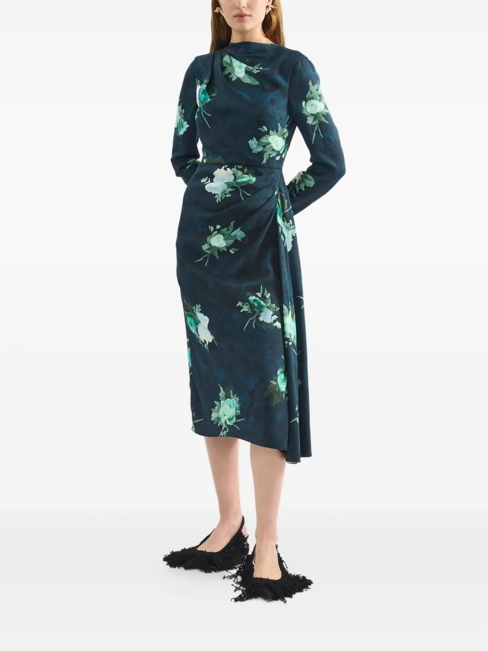 ERDEM Gedrapeerde midi-jurk met bloemenprint - Blauw