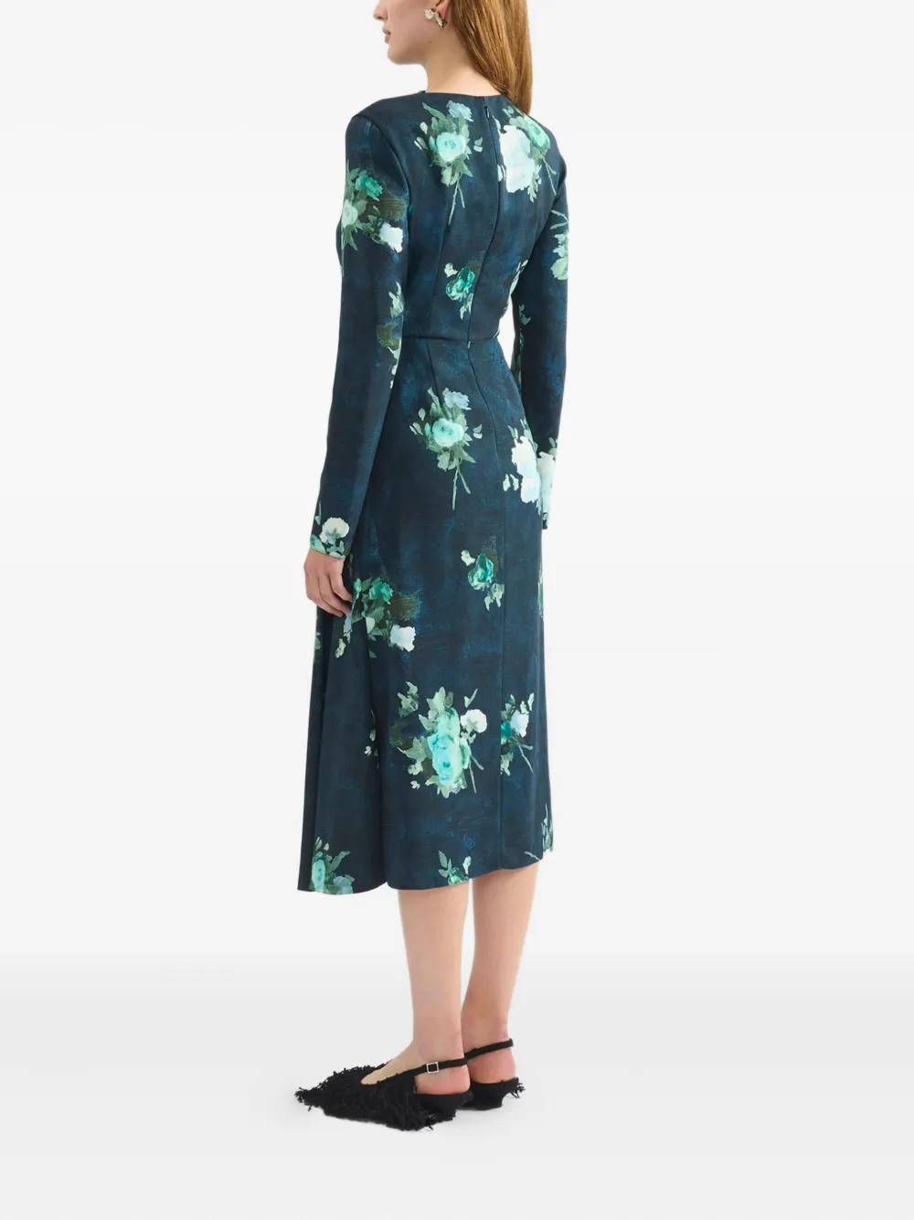 Erdem Abstract Rose Print Draped Long Sleeve Stretch Cady Midi Dress In Blue