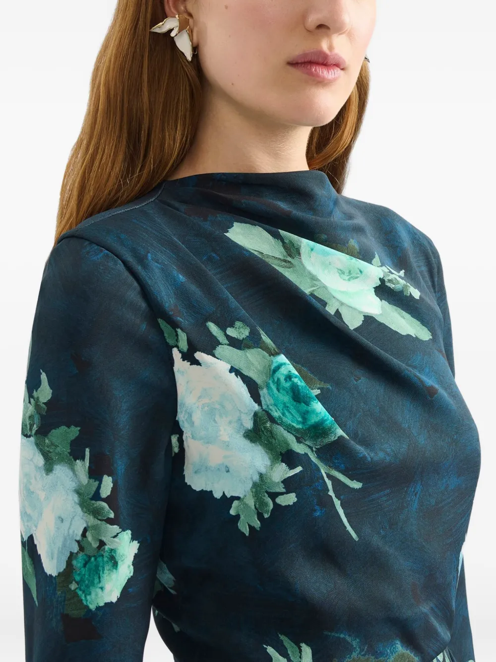 Erdem Abstract Rose Print Draped Long Sleeve Stretch Cady Midi Dress In Blue