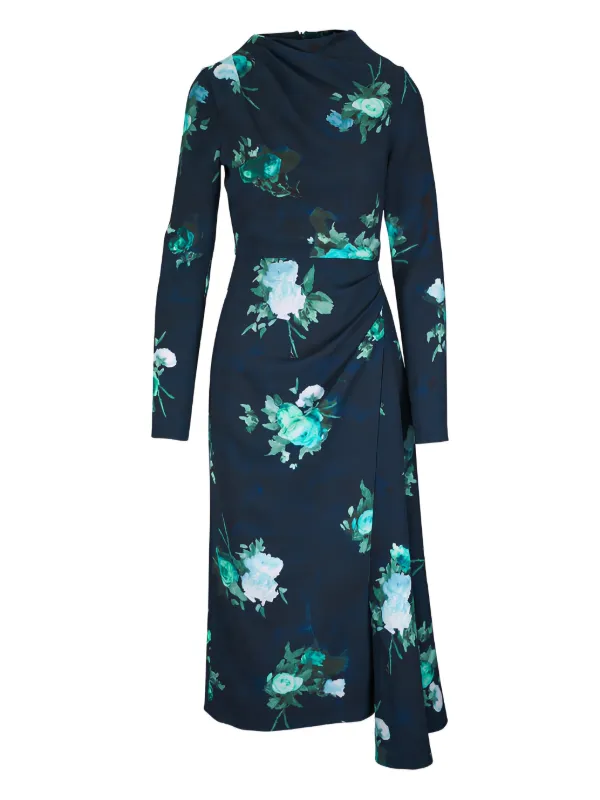 erdem dress blue Blue Floral Printed Satin Gown with Pockets