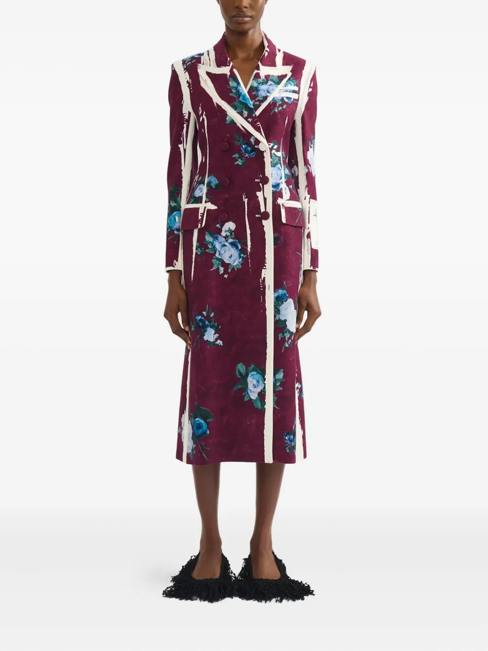 Erdem Floral-print Striped Coat In Red